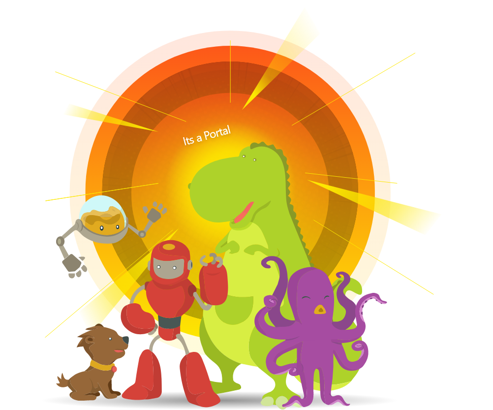 The Rift of Heroes team gathered in front of a glowing portal